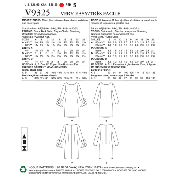 Naaipatroon Vogue 9325 jurk, Dui/En/Fr