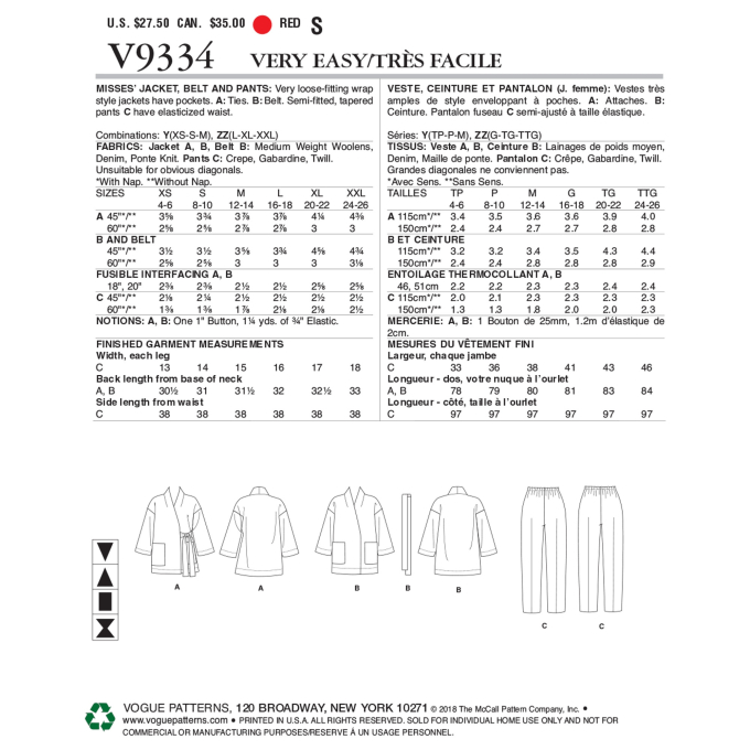 Patron Vogue 9334 veste, en français