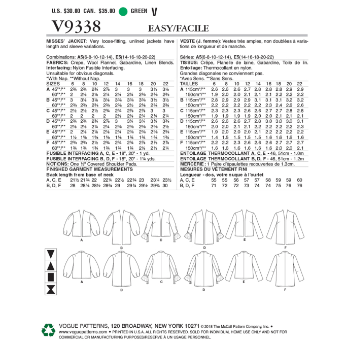 Naaipatroon Vogue 9338 jas, Dui/En/Fr