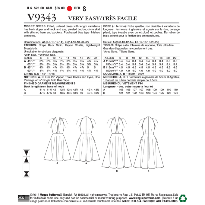 Patron Vogue 9343 robe, taille 32-40, en français