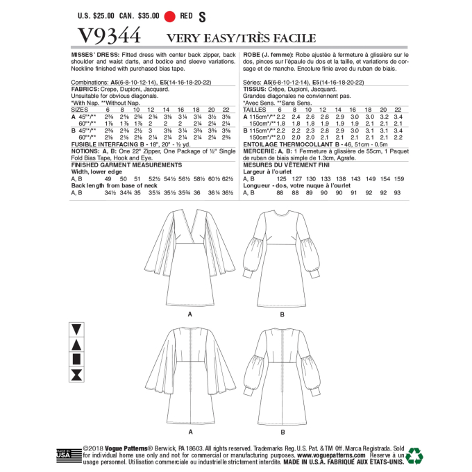 Patron Vogue 9344 robe, taille 40-48, en français