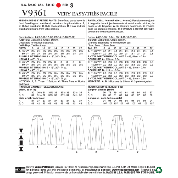 Naaipatroon Vogue 9361 broek, maat 32-40, Dui/En/Fr