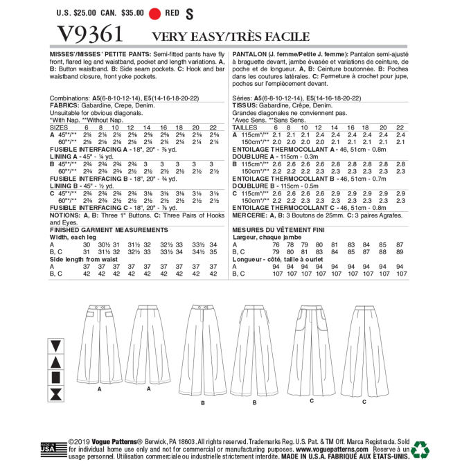 Naaipatroon Vogue 9361 broek, maat 40-48, Dui/En/Fr