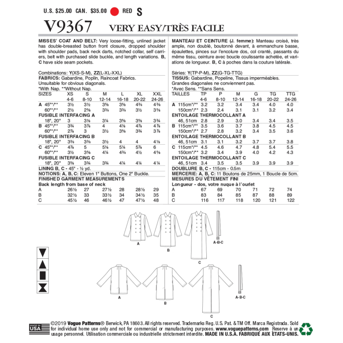 Patron Vogue 9367 manteau, taille 32-40, en français