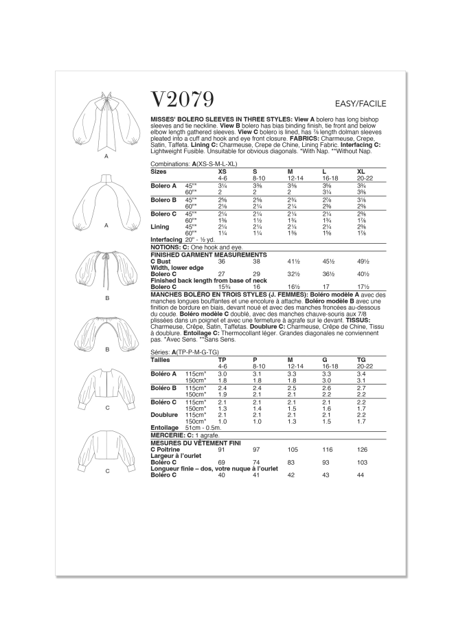Sewing pattern Vogue Misses Bolero 2079 Size 32-48, En/Ger/Fr