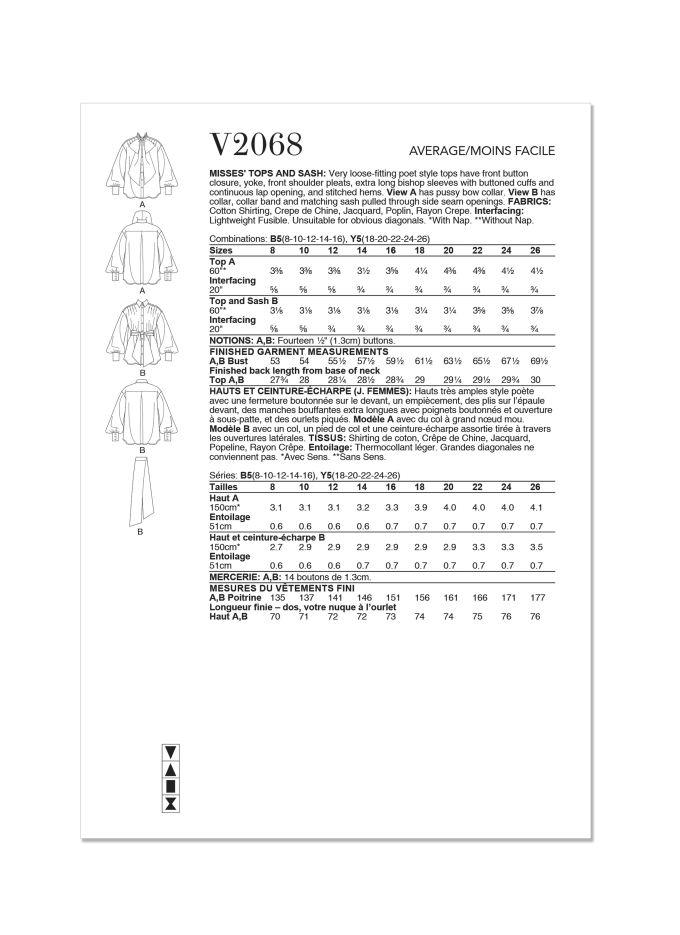 Sewing pattern Vogue Tops and Sash Ladies 2068 Size 34-42, En/Ger/Fr