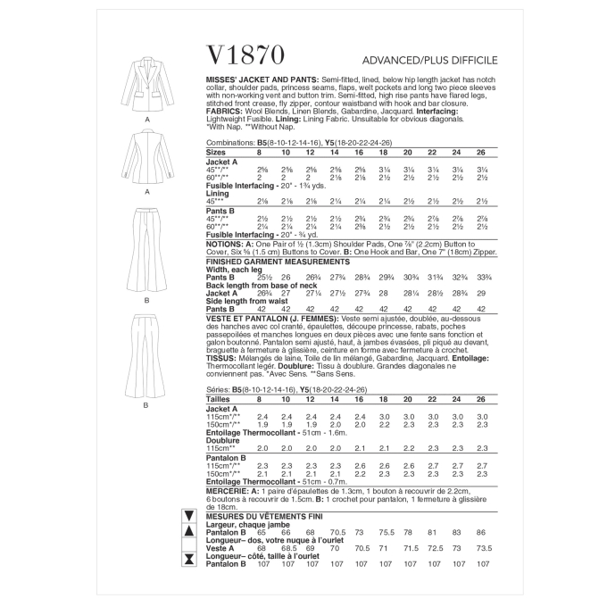 Patron Vogue 1870 haut et pantalon femme, taille 44-52, en français