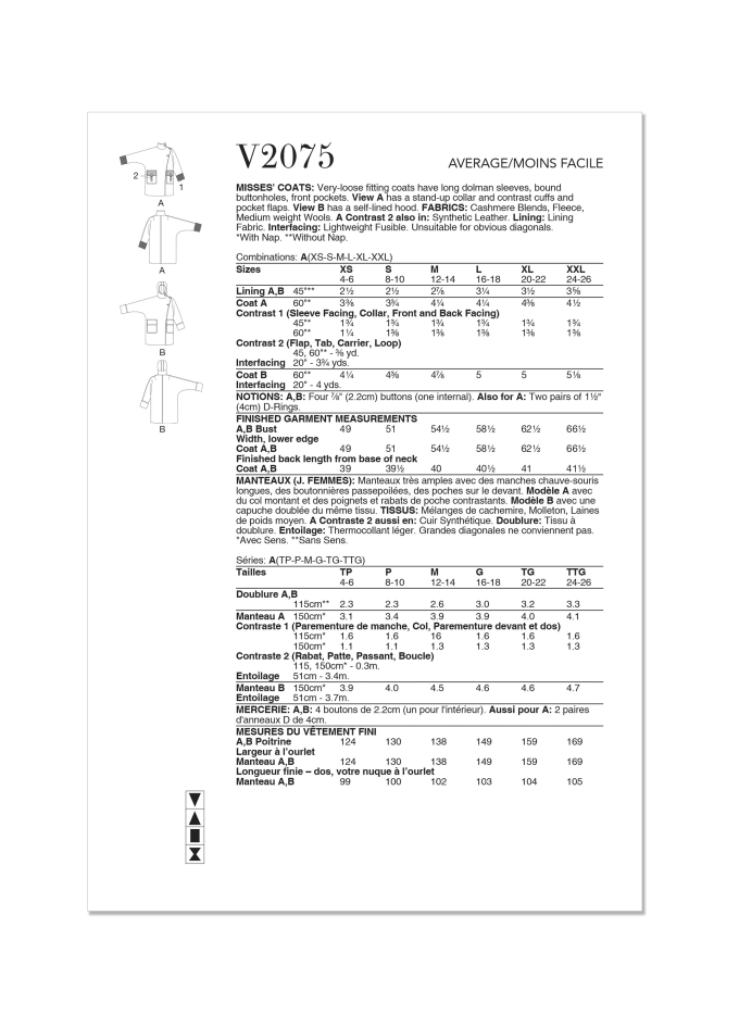 Sewing pattern Vogue V2075 Misses Coats Size 32-50, Eng/Ger/Fr