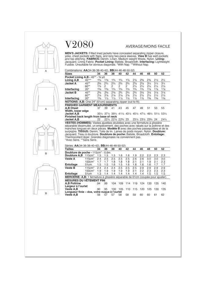 Sewing pattern Vogue V2080 Men's Jacket Size 54-62, Eng/Ger/Fr