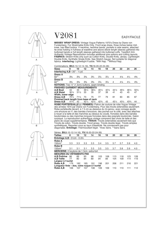 Sewing pattern Vogue V2081 Misses' Wrap Dress Size 34-42, Eng/Ger/Fr