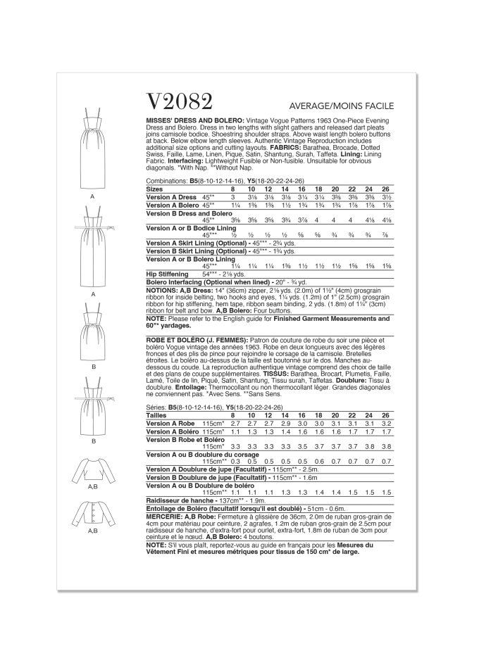 Sewing pattern Vogue V2082 Misses' Dress and Bolero Size 44-52, Eng/Ger/Fr
