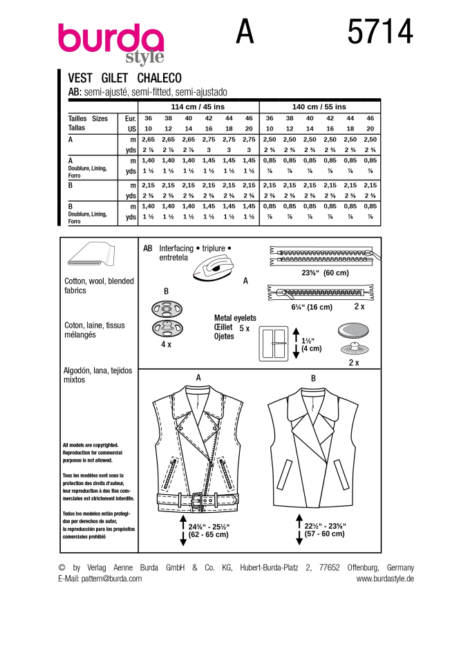 Schnittmuster Weste, Burda 5714
