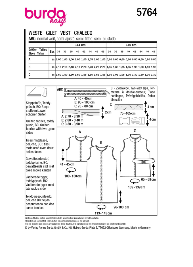 Patron Burda 5764 veste femme, version papier, en français