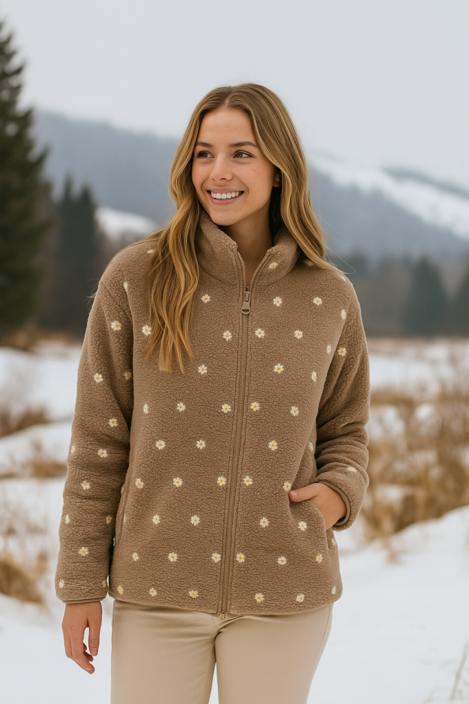 Lightweight Sherpa fleece with embroidery Camilla, light brown