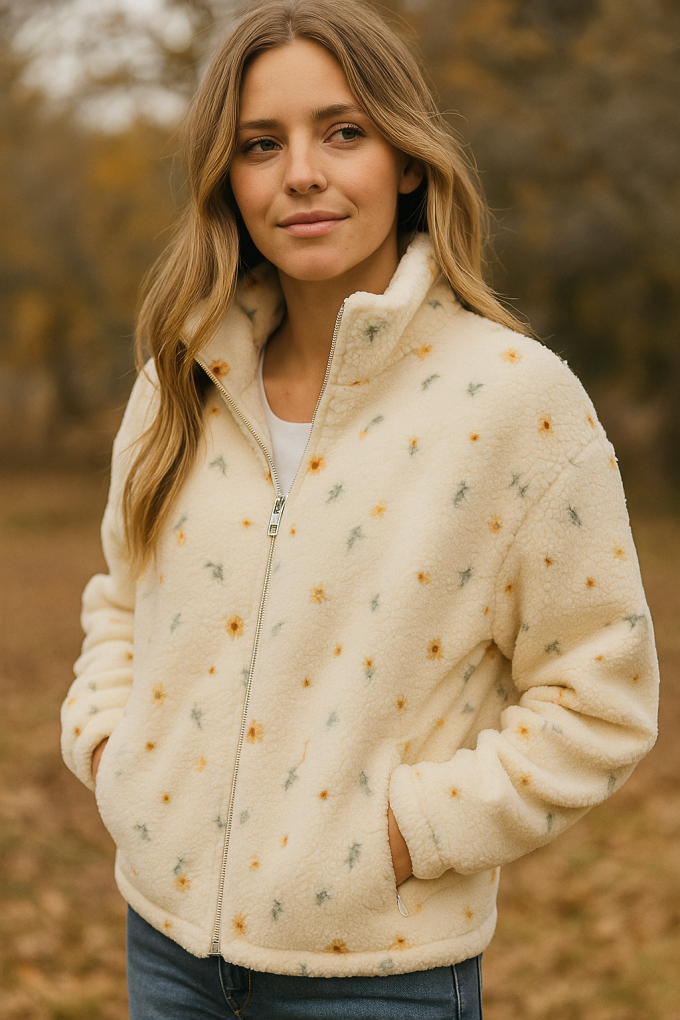 Sherpa Fleece leicht Stickerei Wildflowers, creme