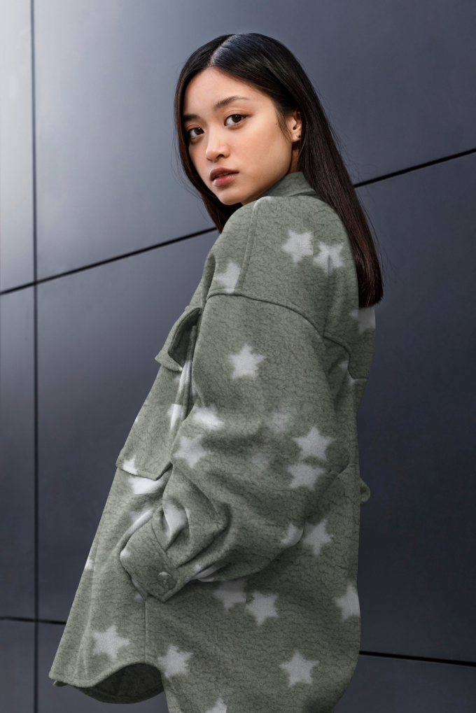 Sherpa fleece stof Stars, grijsgroen