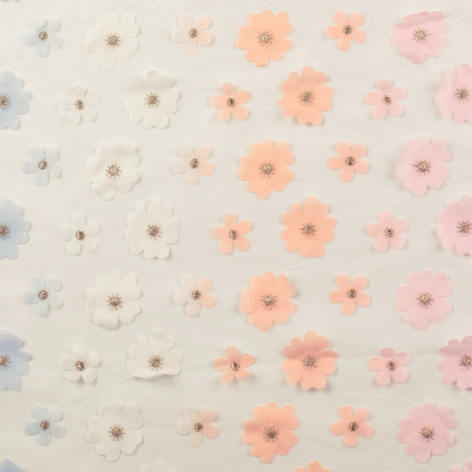 Tissu tulle souple fleurs, blanc