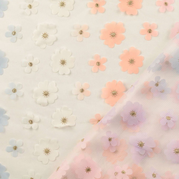 Tissu tulle souple fleurs, blanc