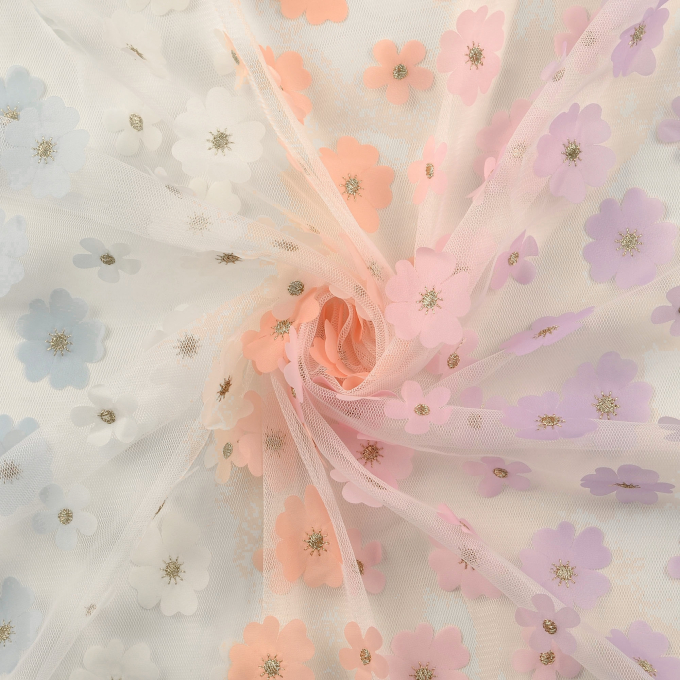 Tissu tulle souple fleurs, blanc