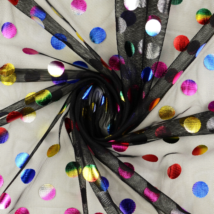 Tissu tulle souple à pois lamés, noir - multicolore