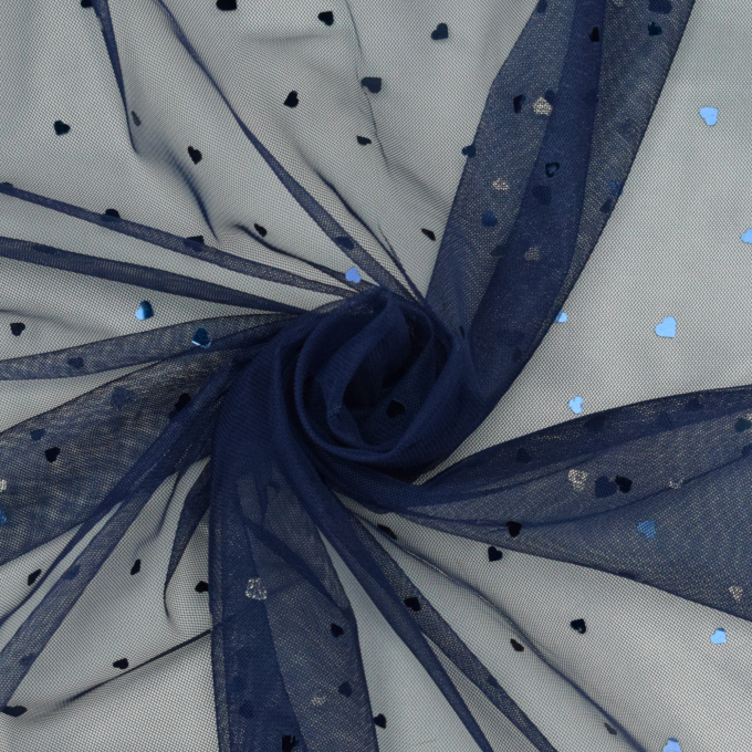 Tissu tulle souple coeurs brillants glitter hearts, bleu foncé