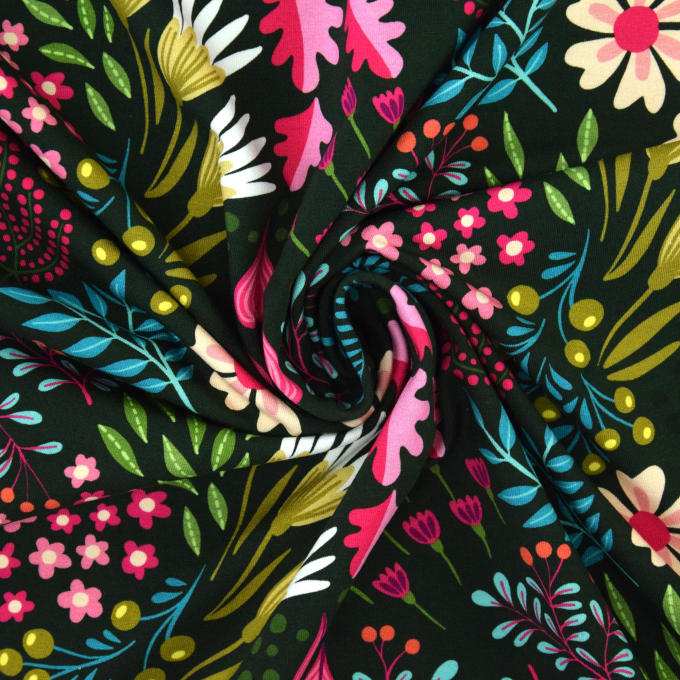 Tissu sweat léger bio albstoffe hamburger liebe bliss flower field, vert foncé