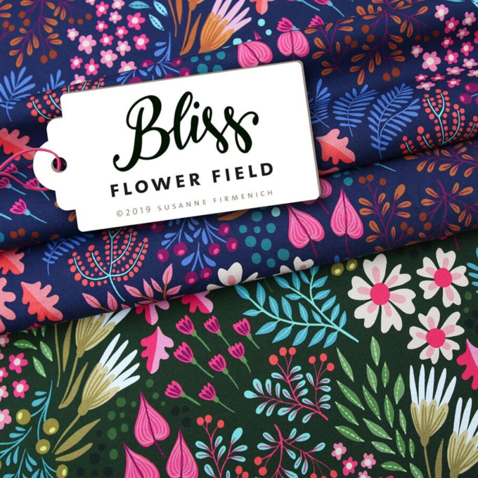 Tissu sweat léger bio albstoffe hamburger liebe bliss flower field, vert foncé