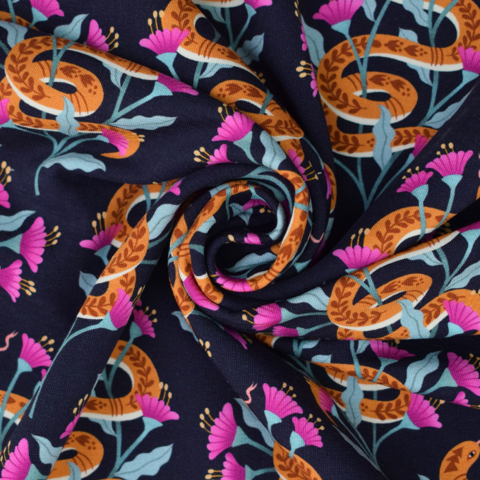 Tissu sweat léger bio Albstoffe Hamburger Liebe Magical Shimmer of Wisdom, bleu marine