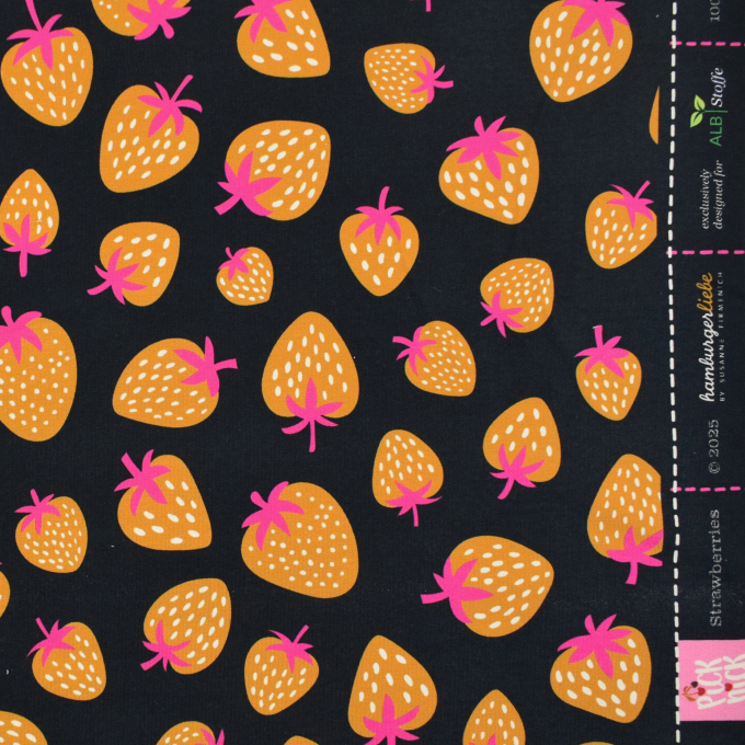 Sweatshirtstof Albstoffe Hamburger Liebe Picknick Strawberries, zwart