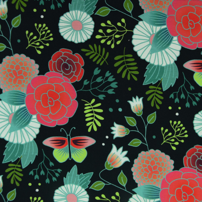 Tissu sweat léger bio Albstoffe Hamburger Liebe Sweet Gardeners Delight, noir