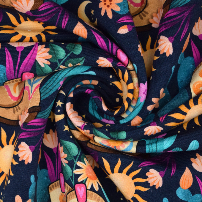 Tissu sweat léger bio Albstoffe Hamburger Liebe Western Fairy Tales Cowgirls, bleu foncé