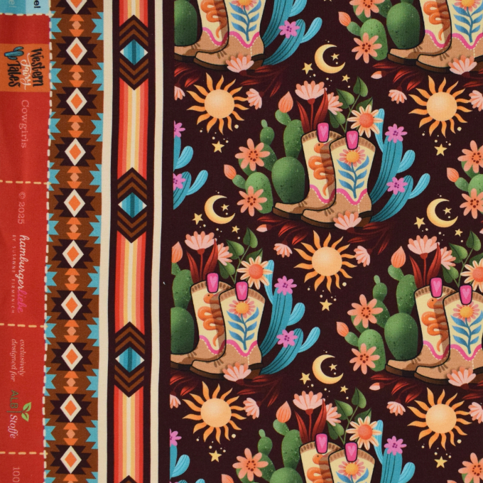 Tissu sweat léger bio Albstoffe Hamburger Liebe Western Fairy Tales Cowgirls, marron