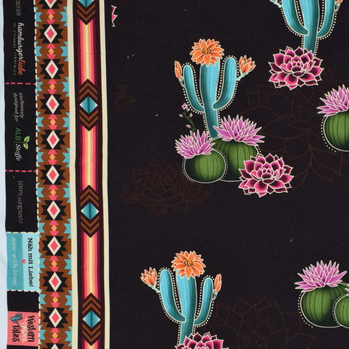 Tissu sweat léger bio Albstoffe Hamburger Liebe Western Fairy Tales Prairie Blossom, marron foncé