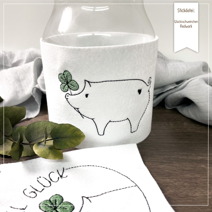 Stickdatei beemybear Glücksschweinchen Redwork, German