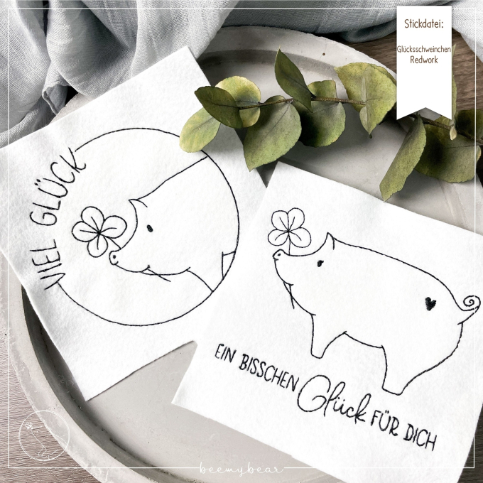 Stickdatei beemybear Glücksschweinchen Redwork, German