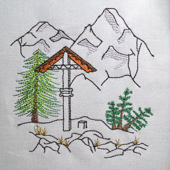 Borduurbestand Fadenstark Berge mit Kreuz, Duits