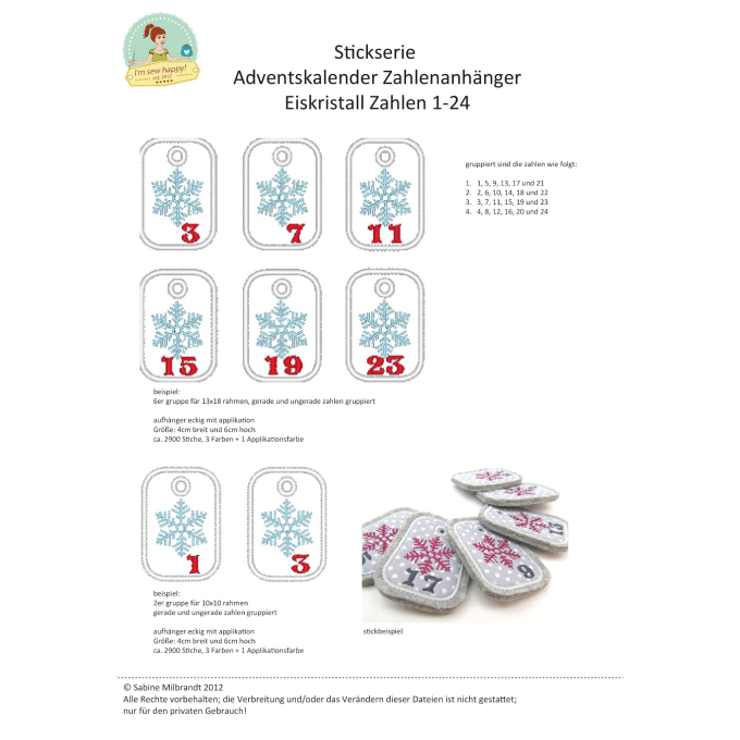 Stickdatei I´m sew happy! Zahlenanhänger Schneeflocke