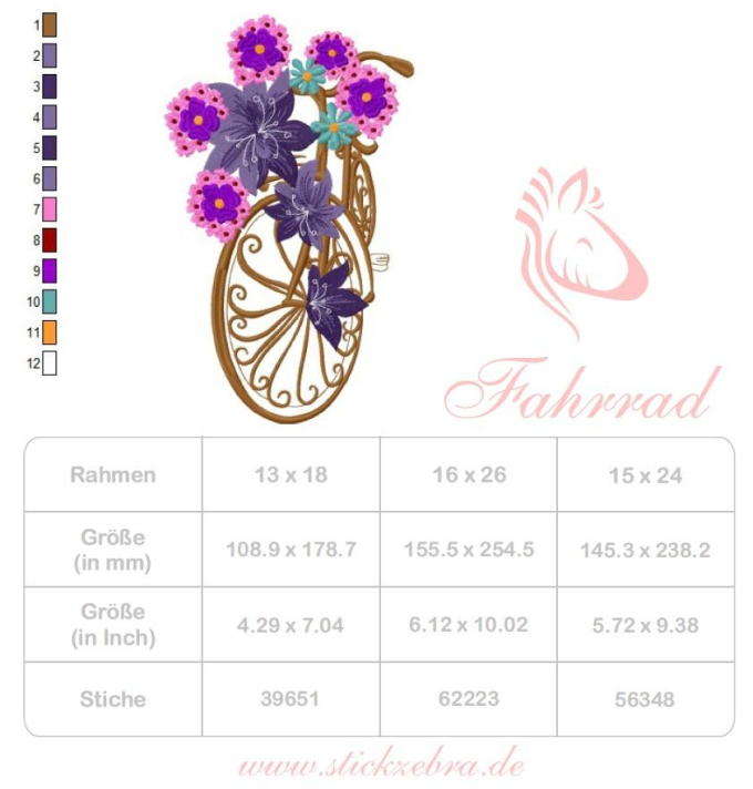 Stickdatei Stickzebra Blumenfahrrad, duits