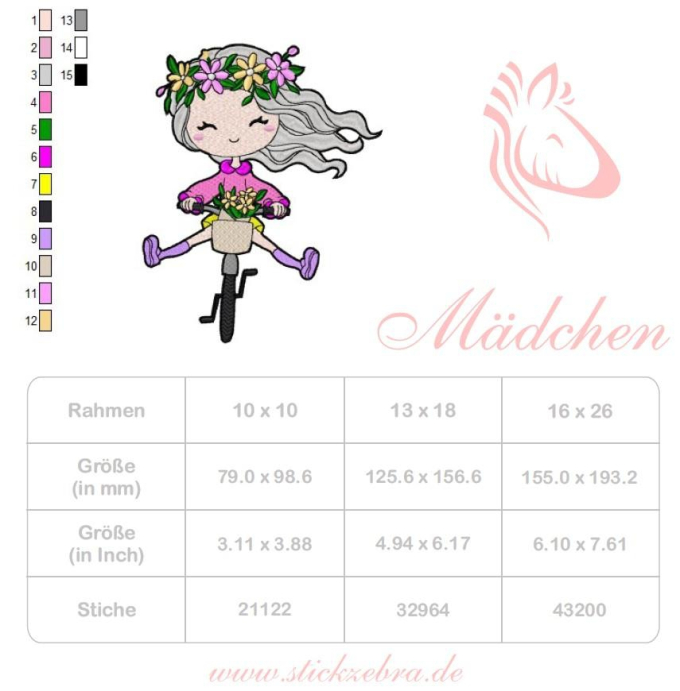 Borduurbestand Stickzebra Doodle Mädchen Fahrrad, Duits