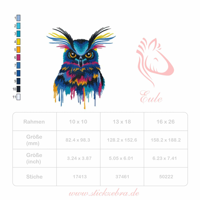 Stickdatei Stickzebra Eule, duits