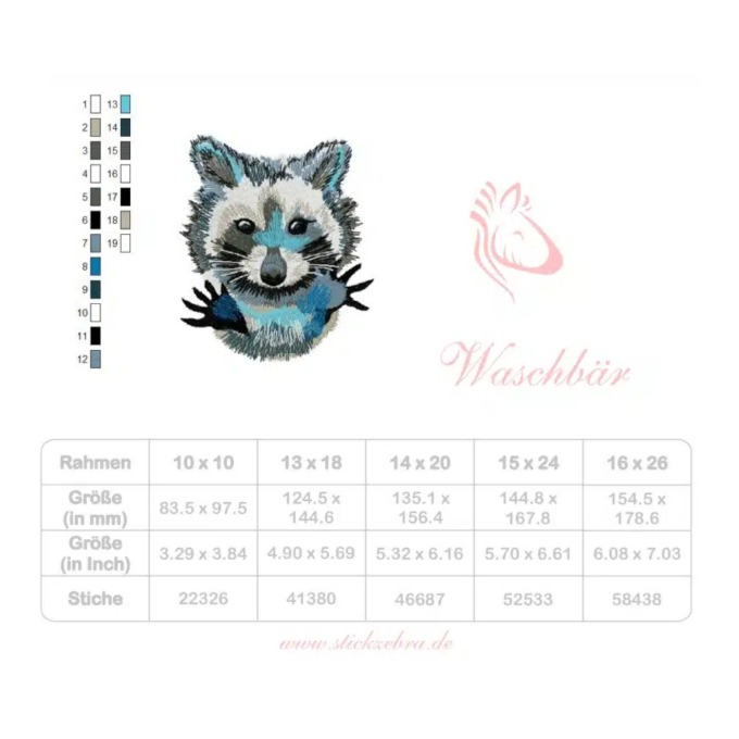 Borduurbestand Stickzebra Frecher Waschbär, Duits