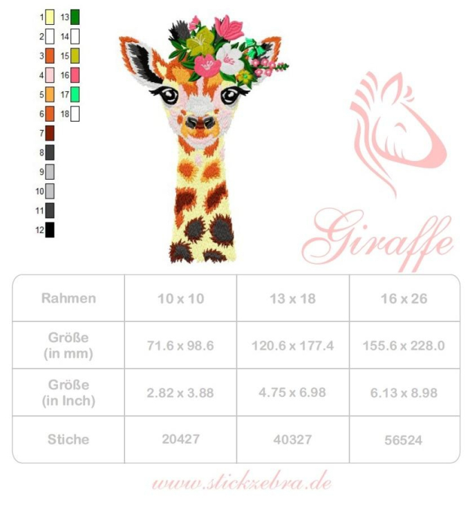 Stickdatei Stickzebra Giraffe Blumenzauber, duits