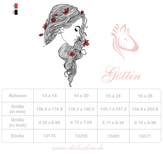 Stickdatei Stickzebra Göttin Kiyomi, duits