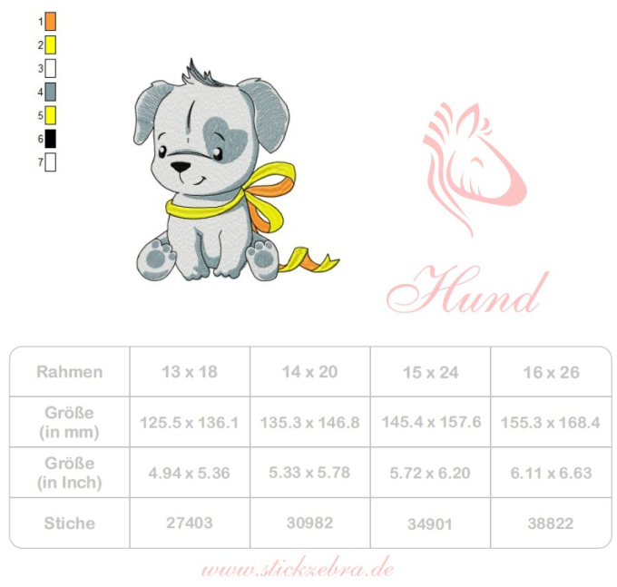 Borduurbestand Stickzebra hond met strik, Duits