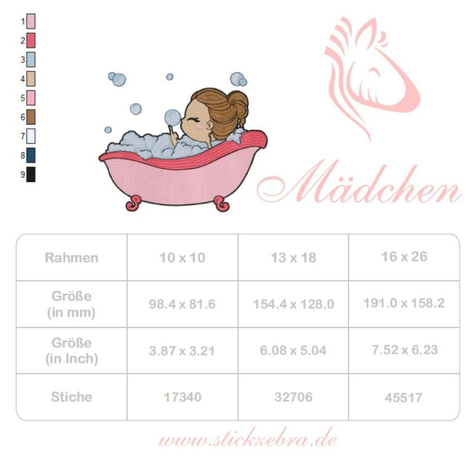 Stickdatei Stickzebra Mädchen in Badewanne