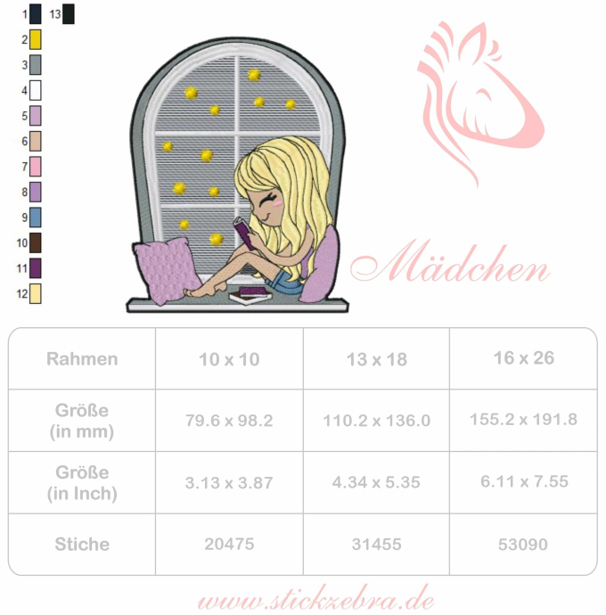 Stickdatei Stickzebra Mädchen mit Buch, duits