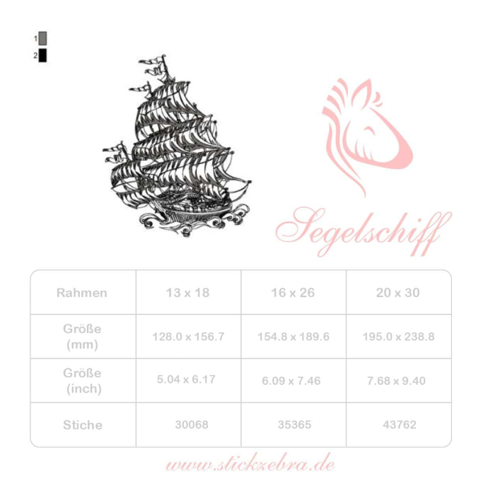 Borduurbestand Stickzebra Segelschiff, Duits