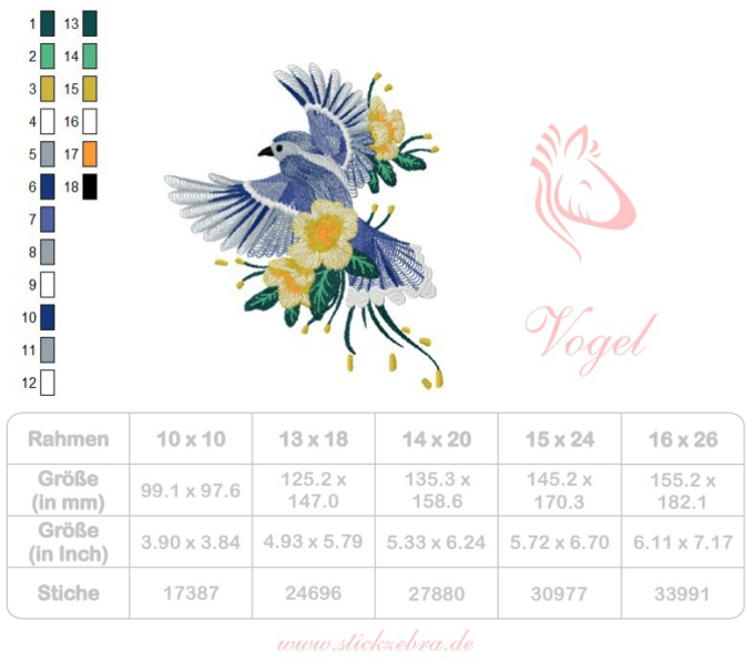Borduurbestand Stickzebra Vogel mit Blumen, Duits