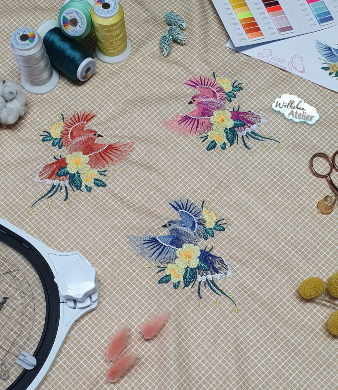 Borduurbestand Stickzebra Vogel mit Blumen, Duits