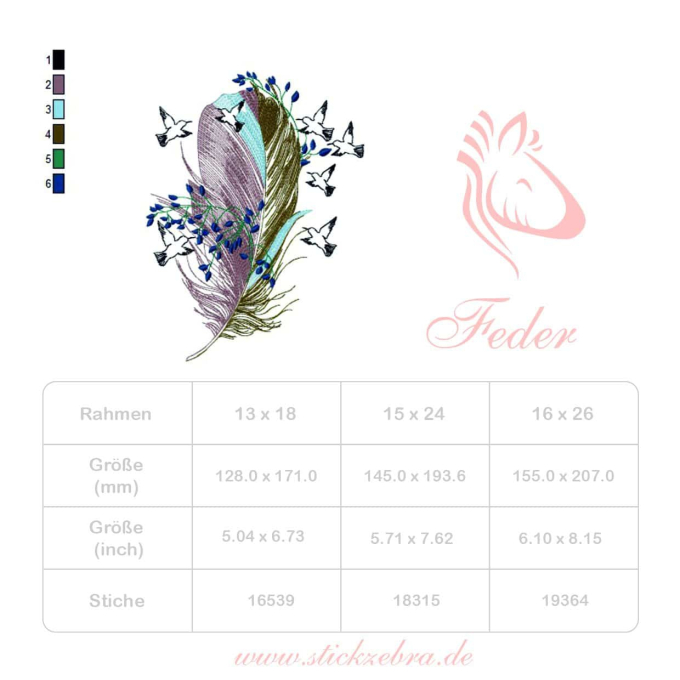 Stickdatei Stickzebra Vogelfeder, duits